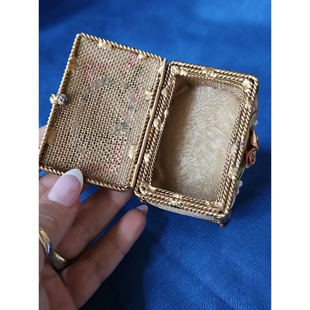 Hollywood Regency Trinket Box Footed Twist Gold Ribbon Embroidery Shabby Chic‎